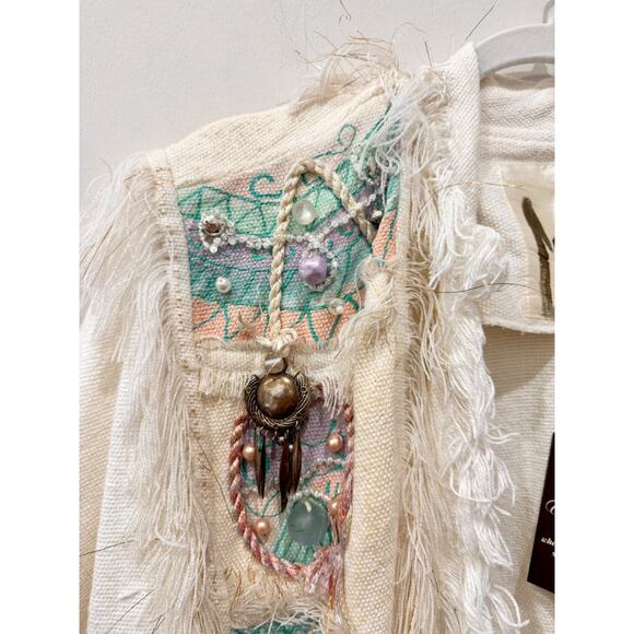 Crystal Embellished Fringe Cape Cotton Oversized Jacket White Multi Women Size M - Picture 6 of 7
